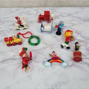 Vintage Colorful Wooden and Metal Christmas Ornaments Set